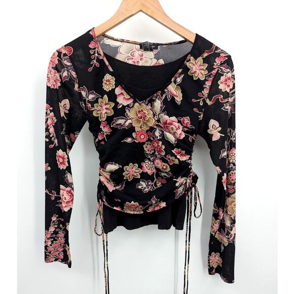 VTG Cherry Blossom 90s Asian Mesh Wrap Top Sheer Ruched Grunge Fairycore Sz M - Picture 1 of 5